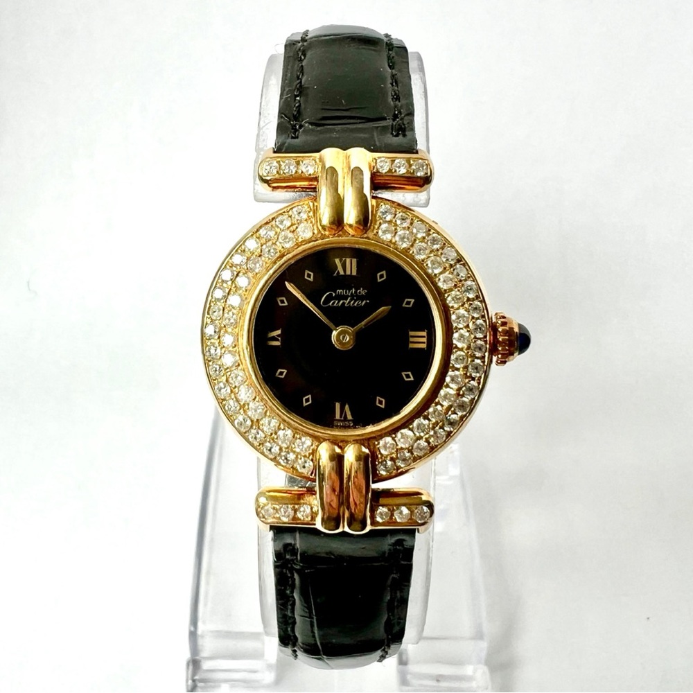 CARTIER VERMEIL COLISEE Quartz 24mm GP Silver 0.87TCW DIAMOND Black Dial Watch